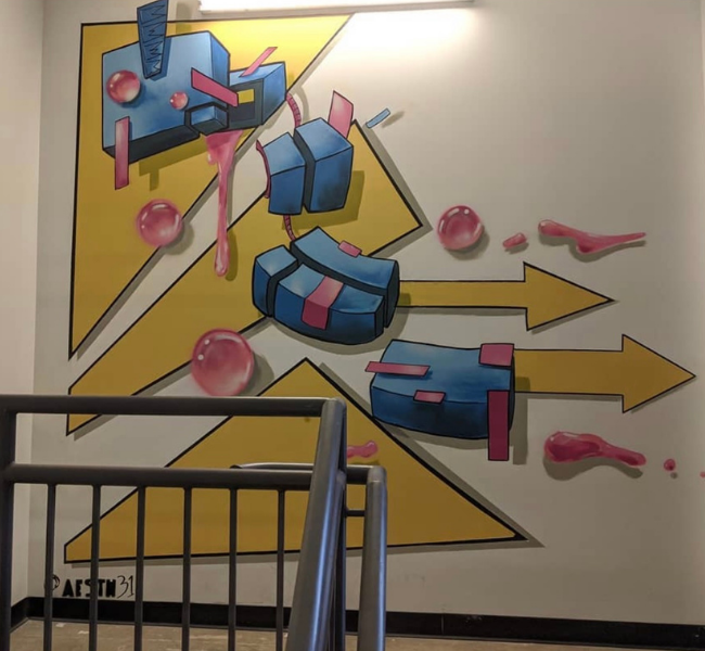 wooden robot mural